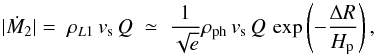 \begin{equation} |\dot{M}_2| = \;\rho _{ L1}\,v_{\rm s} \, Q \; \simeq \; \frac{1}{\sqrt{e}}\rho _{\rm ph}\,v_{\rm s}\,Q\,\exp\left(-\frac{\Delta R}{H_{\rm p}}\right) , \label{eq:mtr} \end{equation}