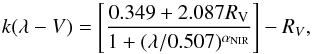\begin{equation} k(\lambda-V) = \left[ \frac{0.349+2.087R_{\rm V}}{1 + (\lambda/0.507)^{\alpha_{\rm NIR}}} \right]- R_{V}, \label{eq_NIRext_fit} \end{equation}