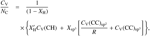 \appendix \setcounter{section}{2} \begin{eqnarray} \frac{C_{\rm V}}{N_{\rm C}} &=& \frac{1}{(1-X_{\rm H})} \nonumber\\[2mm] &&\hskip-3mm \times\, \Bigg\{ X_{\rm H}^\prime C_{\rm V}({\rm CH}) \ + \ X_{\rm sp^3} \left[ \frac{C_{\rm V}({\rm CC})_{\rm sp^2}}{R} + C_{\rm V}({\rm CC})_{\rm sp^3} \right] \Bigg\}, \label{eq_Cv_4} \end{eqnarray}