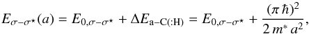 \appendix \setcounter{section}{3} \begin{equation} E_{\sigma-\sigma^\star}(a) = E_{0,\sigma-\sigma^\star} + \Delta E_{\rm a-C(:H)} = E_{0,\sigma-\sigma^\star} + \frac{(\pi\, \hbar)^2}{2\, m^\ast\, a^2}, \label{eq_sigma_shift} \end{equation}