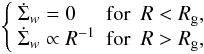 \begin{eqnarray} \left\{ \begin{array}{lll} \dot{\Sigma}_w = 0 &{\rm for}& R < R_{\rm g} , \\ \dot{\Sigma}_w \propto R^{-1} &{\rm for}& R > R_{\rm g} , \end{array} \right. \end{eqnarray}