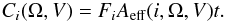 \begin{eqnarray*} C_i(\Omega,V)=F_i A_\mathrm{eff}(i,\Omega,V) t. \end{eqnarray*}