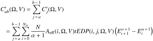 \begin{eqnarray} \label{obscounts} &&C'_{ab}(\Omega,V)=\sum_{j\,=\,a}^{b\,-\,1}C'_j(\Omega,V)\nonumber\\ &&~~~~~~~=\sum_{j\,=\,a}^{b\,-\,1}\sum_{i\,=\,0}^{N_m}\frac{N}{\alpha+1} A_\mathrm{eff}(i,\Omega,V) t EDP(i,j, \Omega,V)\left(E_{i\,+\,1}^{\alpha\,+\,1}-E_i^{\alpha\,+\,1}\right) \end{eqnarray}