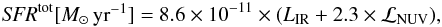 \begin{eqnarray} \label{eq:sfr} {\it SFR}^\txn{tot}[\MsunYr]= 8.6\times 10^{-11} \times (\Lir+2.3\times {\cal L}_{\rm NUV}), \end{eqnarray}