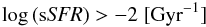 \begin{eqnarray*} \log\,({\rm s}{\it SFR})>-2\;[{\rm Gyr}^{-1}] \end{eqnarray*}