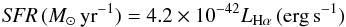 \begin{equation} \label{eq:LyC Halpha} {\it SFR}\,({M}_{\odot}\,\mathrm{yr}^{-1} ) = 4.2\times10^{-42} L_{\mathrm{H}\alpha}\,(\mathrm{erg\,s}^{-1}) \end{equation}