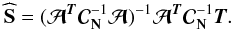 \begin{eqnarray} \widehat \Sb = ({\Ab}^{\Tb} \Cb_{\Nb}^{-1} \Ab)^{-1} \Ab^{\Tb} {\Cb}_{\Nb}^{-1} \Tb. \label{maxlike} \end{eqnarray}