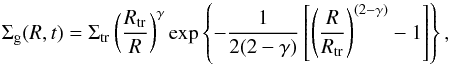 \begin{equation} \Sigma_{\rm g}(R,t) = \Sigma_{\rm tr} \left( \frac{R_{\rm tr}}{R} \right)^{\gamma} \exp \left\{ -\frac{1}{2(2-\gamma)} \left[ \left( \frac{R}{R_{\rm tr}} \right)^{(2-\gamma)} - 1 \right] \right\}, \label{eq:selfsimilar_solution} \end{equation}