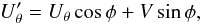 \begin{equation} U'_{\theta}= U_{\theta}\,\mathrm{cos}\,\phi+V\,\mathrm{sin}\,\phi, \label{eq:u-prime} \end{equation}