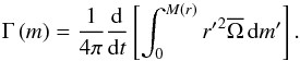 \begin{equation} \Gamma \left(m\right) =\frac{1}{4\pi}\frac{\rm d}{{\rm d}t}\left[\int_{0}^{M\left(r\right)}{r'}^2{\overline\Omega}\,{\rm d}m'\right]. \end{equation}