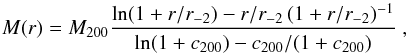 \begin{equation} M(r)=\mtwo {\ln(1+r/\rs)-r/\rs \, (1+r/\rs)^{-1} \over \ln(1+\ctwo)-\ctwo/(1+\ctwo)} \ , \label{e:nfw} \end{equation}