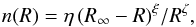 \begin{equation} n(R)=\eta \, (R_{\infty}-R)^{\xi}/R^{\zeta}, \end{equation}