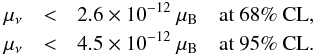 \begin{eqnarray} \label{eq:constraints} \mu_{\nu} &<&2.6 \times 10^{-12}~\mu_{\rm B}\quad \hbox{at 68\% CL,} \nonumber\\ \mu_{\nu} &<&4.5\times 10^{-12}~\mu_{\rm B}\quad \hbox{at 95\% CL.} \end{eqnarray}