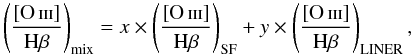 $$ \left(\frac{\left[\ion{O}{iii}\right]}{\mathrm{H\beta}}\right)_{\mathrm{mix}} = x \times \left(\frac{\left[\ion{O}{iii}\right]}{\mathrm{H\beta}}\right)_{\mathrm{SF}} + y \times \left(\frac{\left[\ion{O}{iii}\right]}{\mathrm{H\beta}}\right)_{\mathrm{LINER}}, $$