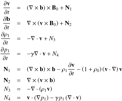 \begin{eqnarray} \frac{\partial \vec{v}}{\partial t} &=& \left(\nabla\times\vec{b}\right)\times\vec{B}_0 + \vec{N}_{1} \nonumber\\ \frac{\partial\vec{b}}{\partial t} &=& \nabla\times\left( \vec{v} \times\vec{B}_{0}\right) + \vec{N}_{2} \nonumber\\ \frac{\partial \rho_1}{\partial t} &=& -\nabla\cdot \vec{v} + {N}_{3}\nonumber\\ \frac{\partial p_1}{\partial t} &=& -\gamma \nabla \cdot \vec{v} + {N}_{4} \nonumber\\ {\vec{N}}_1 &=& \left(\nabla\times\vec{b}\right)\times\vec{b} -\rho_{1}\frac{\partial \vec{v}}{\partial t} - \left(1+\rho_{0}\right)\left(\vec{v}\cdot\nabla\right)\vec{v} \nonumber \\ {\vec{N}}_{2} &=& \nabla \times \left(\vec{v}\times\vec{b}\right)\nonumber \\ {{N}}_3 &=& -\nabla \cdot \left(\rho_{1} \vec{v} \right) \nonumber \\ {{N}}_4 &=& \vec{v} \cdot \left(\nabla p_1 \right) -\gamma p_{1} \left(\nabla\cdot\vec{v}\right)\label{equation_MHD} \end{eqnarray}