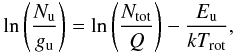 \begin{eqnarray} \ln\left(\frac{N_{\rm u}}{g_{\rm u}}\right) = \ln\left(\frac{N_{\rm tot}}{Q}\right) - \frac{E_{\rm u}}{kT_{\rm rot}}, \label{RD_eqn} \end{eqnarray}
