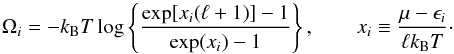 \begin{equation} \Omega_i=-k_{\rm B}T\log\left\{\frac{\exp[x_i(\ell+1)]-1}{\exp(x_i) - 1}\right\}, \qquad x_i\equiv \frac{\mu-\epsilon_i}{\ell k_{\rm B}T}\cdot \end{equation}