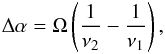 \begin{eqnarray} \Delta\alpha = \Omega \left( \frac{1}{\nu_2} - \frac{1}{\nu_1} \right), \label{CoreShiftEq} \end{eqnarray}