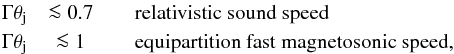\begin{eqnarray} \Gamma\theta_{\rm j} &\la 0.7 \quad &\mbox{relativistic sound speed} \notag \\ \Gamma\theta_{\rm j} &\la 1 \quad &\mbox{equipartition fast magnetosonic speed}, \notag \end{eqnarray}