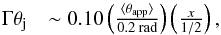 \begin{eqnarray} \Gamma\theta_{\rm j}&\sim0.10 \left(\frac{\langle \tapp \rangle}{0.2\text{ rad}}\right)\left(\frac{x}{1/2}\right), \label{blazar} \end{eqnarray}