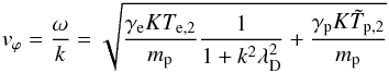 \begin{eqnarray} % v_{\varphi }=\frac{\omega }{k}=\sqrt{\frac{\gamma _{\rm e}KT_{{\rm e},2}}{m_{\rm p}}\frac{1% }{1+k^{2}\lambda _{\rm D}^{2}}+\frac{\gamma _{\rm p}K\tilde{T}_{{\rm p},2}}{m_{\rm p}}} \end{eqnarray}