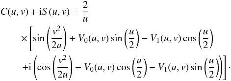 \appendix \setcounter{section}{1} \begin{eqnarray} \label{EqA3} &&C(u,v)+{\rm i}S(u,v)=\frac{2}{u} \nonumber\\ &&\qquad\times\left[\sin \left(\frac{v^2}{2 u}\right)+V_0(u,v)\sin\left(\frac{u}{2}\right)-V_1(u,v)\cos\left(\frac{u}{2}\right)\right.\nonumber\\ &&\qquad\left.+{\rm i}\left(\cos\left( \frac{v^2}{2u}\right)-V_0(u,v)\cos\left(\frac{u}{2}\right)-V_1(u,v)\sin\left(\frac{u}{2}\right) \right)\right] \cdot \end{eqnarray}