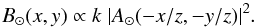 \begin{equation} \label{EqFresnel8} B_\odot (x,y) \propto k \; |A_\odot (-x/z,-y/z) |^2 . \end{equation}