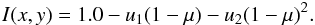 \begin{eqnarray} I(x,y) = 1.0- u_{1}(1-\mu)-u_{2}(1-\mu)^{2}. \end{eqnarray}