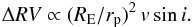 \begin{eqnarray} \Delta RV \propto (R_{\rm E}/r_{\rm p})^{2} \, v\sin i. \end{eqnarray}