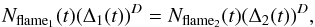 \begin{equation} \label{eq4} N_\mathrm{flame_1}(t) (\Delta_1(t))^D = N_\mathrm{flame_2}(t) (\Delta_2(t))^D, \end{equation}