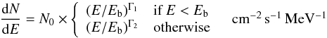 \begin{eqnarray*} \frac{{\rm d}N}{{\rm d}E} = N_0 \times\left\{ \begin{array}{ll} (E/E_\mathrm{b})^{\Gamma_1} & \mbox{if }E < E_\mathrm{b}\\ (E/E_\mathrm{b})^{\Gamma_2} & \mbox{otherwise} \end{array} \quad\mbox{\cmsmev} \right. \end{eqnarray*}