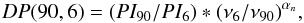 \begin{equation} DP(90,6)=(PI_{90}/PI_6)*(\nu_6/\nu_{90})^{\alpha_n}, \end{equation}