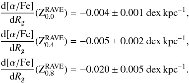\begin{eqnarray*} \frac{{\rm d}[\alpha/{\rm Fe}]}{{\rm d}R_\mathrm{g}}{({\rm Z}_\mathrm{0.0}^\mathrm{RAVE})} &=&-0.004\pm0.001~{\rm dex\,kpc}^{-1},\\ \frac{{\rm d}[\alpha/{\rm Fe}]}{{\rm d}R_\mathrm{g}}{({\rm Z}_\mathrm{0.4}^\mathrm{RAVE})} &=& -0.005\pm0.002~{\rm dex\,kpc}^{-1},\\ \frac{{\rm d}[\alpha/{\rm Fe}]}{{\rm d}R_\mathrm{g}}{({\rm Z}_\mathrm{0.8}^\mathrm{RAVE})} &=& -0.020\pm0.005~{\rm dex\,kpc}^{-1}. \end{eqnarray*}