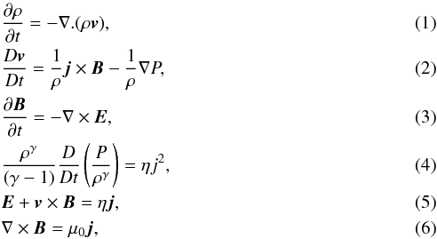 \begin{eqnarray} \label{eqn1} &&\frac{\partial \rho}{\partial t} = - \nabla . (\rho {\boldsymbol v}), \\ \label{eqn2} &&\frac{D {\boldsymbol v}}{D t} = \frac{1}{\rho} {\boldsymbol j} \times {\boldsymbol B} - \frac{1}{\rho} \nabla P, \\ \label{eqn3} &&\frac{\partial {\boldsymbol B}}{\partial t} = -\nabla \times {\boldsymbol E}, \\ \label{eqn4} &&\frac{\rho^{\gamma}}{(\gamma -1)} \frac{D}{D t} \left( \frac{P}{\rho^{\gamma}} \right) = \eta j^2, \\ \label{eqn5} &&{\boldsymbol E} + {\boldsymbol v} \times {\boldsymbol B} = \eta {\boldsymbol j}, \\ &&\nabla \times {\boldsymbol B} = \mu_0 {\boldsymbol j}, \end{eqnarray}