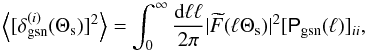 \begin{equation} \label{eq:pixelvar} \Ave{[\delta^{(i)}_{\rm gsn}(\Theta_{\rm s})]^2}= \int_0^\infty\frac{\d\ell\ell}{2\pi} |\wtilde{F}(\ell\Theta_{\rm s})|^2 [\mat{P}_{\rm gsn}(\ell)]_{ii}, \end{equation}
