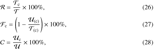 \begin{eqnarray} \label{compdef}&& \mathcal{R} = \frac{\mathcal{T}_{\rm c}}{\mathcal{T}} \times 100\% ,\\ \label{sucdef} && \mathcal{F}_{\rm c} = \Bigg( 1-\frac{\mathcal{U}_{\rm (c)}}{\mathcal{T}_{\rm (c)}} \Bigg) \times 100\% ,\\ \label{capturedef} &&\mathcal{C} = \frac{\mathcal{U}_{\rm c}}{\mathcal{U}} \times 100\% , \end{eqnarray}