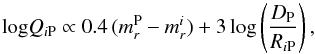 \begin{equation} \label{Eq:Q2012} {\rm log}Q_{i{\rm P}} \propto 0.4\,(m_{r}^{\rm P}-m_{r}^{i}) + 3\,{\rm log}\left(\frac{D_{{\rm P}}}{R_{i{\rm P}}}\right), \end{equation}