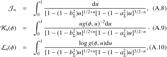 \appendix \setcounter{section}{1} \begin{eqnarray} \mathcal{J}_n &=& \int_0^1 \frac{{\rm d}u}{[1 - (1 - b^2_\Sigma)u]^{1/2 + n}[1 - (1 - a^2_\Sigma)u]^{3/2 - n}}, \label{an_enfw}\\ \mathcal{K}_n(\phi) &=&\int_0^1 \frac{ug(\phi,u)^{-2}{\rm d}u}{[1 - (1 - b^2_\Sigma)u]^{1/2 + n}[1 - (1 - a^2_\Sigma)u]^{5/2 - n}}\cdot \label{dn_enfw} \\ \mathcal{L}_n(\phi) &=&\int_0^1 \frac{\log{g(\phi, u) {\rm d}u}}{[1 - (1 - b^2_\Sigma)u]^{1/2 + n}[1 - (1 - a^2_\Sigma)u]^{3/2 - n}}, \label{bn_enfw} \label{Ln} \end{eqnarray}