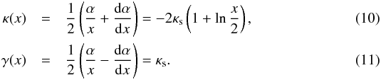 \begin{eqnarray} \kappa(x) &=& \frac{1}{2}\left(\frac{\alpha}{x}+\frac{{\rm d}\alpha}{{\rm d}x}\right)= -2\kappa_{\rm s}\left(1+\ln{\frac{x}{2}}\right), \label{kappa_nfw}\\ \gamma(x)&=& \frac{1}{2}\left(\frac{\alpha}{x}-\frac{{\rm d}\alpha}{{\rm d}x}\right)= \kappa_{\rm s}. \label{shear_nfw} \end{eqnarray}