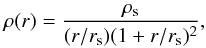 \begin{eqnarray} \rho(r)=\frac{\rho_{\rm s}}{(r/r_{\rm s})(1+r/r_{\rm s})^2}, \label{nfw_den_profile} \end{eqnarray}