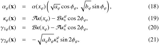 \begin{eqnarray} \vec{\alpha}_\varphi(\vec{x})&=&\alpha(x_\varphi)\left(\sqrt{a_{\varphi} }\cos{\phi_\varphi},\sqrt{b_{\varphi}}\sin{\phi_\varphi} \label{alpha_pnfw}\right), \label{aphi}\\ \kappa_\varphi(\vec{x}) &=&\mathcal{A}\kappa(x_\varphi)-\mathcal{B}\kappa_{\rm s}^\varphi\cos{2\phi_\varphi}, \label{kappa_pnfw}\\ \gamma_{1\varphi}(\vec{x})&=& \mathcal{B}\kappa(x_\varphi)-\mathcal{A}\kappa_{\rm s}^\varphi\cos{2\phi_\varphi}, \label{g1_pnfw}\\ \gamma_{2\varphi}(\vec{x})&=& -\sqrt{a_{\varphi} b_{\varphi} }\kappa_{\rm s}^\varphi\sin{2\phi_\varphi}, \label{g2_pnfw} \end{eqnarray}