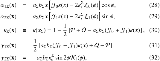 \begin{eqnarray} \alpha_{1\Sigma}(\vec{x}) & = & a_{\Sigma}b_{\Sigma} x\left[ \mathcal{J}_0\kappa(x)-2\kappa^\Sigma_{\rm s}\mathcal{L}_0(\phi)\right] \cos{\phi}, \label{alpha1_enfw} \\ \alpha_{2\Sigma}(\vec{x}) & = & a_{\Sigma}b_{\Sigma} x \left[\mathcal{J}_1\kappa(x)-2\kappa^\Sigma_{\rm s}\mathcal{L}_1(\phi)\right] \sin{\phi}, \label{alpha2_enfw} \\ \kappa_\Sigma(\vec{x})& \equiv &\kappa(x_\Sigma)=1-\frac{1}{2}\left[\mathcal{P} +\mathcal{Q}-a_{\Sigma}b_{\Sigma}(\mathcal{J}_0+\mathcal{J}_1)\kappa(x) \right], \label{kappa_enfw}\\ \gamma_{1\Sigma}(\vec{x})&=&\frac{1}{2}\left[a_{\Sigma}b_{\Sigma} (\mathcal{J}_0-\mathcal{J}_1)\kappa(x)+\mathcal{Q}-\mathcal{P}\right], \label{g1_enfw}\\ \gamma_{2\Sigma}(\vec{x})&=&-a_{\Sigma}b_{\Sigma}\kappa_{\rm s}^\Sigma\sin{2\phi}\mathcal{K}_1(\phi), \label{g2_enfw} \end{eqnarray}