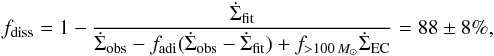 \begin{eqnarray} \label{eq:fdiss} f_{\rm diss} = 1 - \frac{\dot{\Sigma}_{\rm fit}}{\dot{\Sigma}_{\rm obs} - f_{\rm adi}(\dot{\Sigma}_{\rm obs} - \dot{\Sigma}_{\rm fit}) + f_{>100\,M_{\sun}}\dot{\Sigma}_{\rm EC}} = 88 \pm 8\%, \end{eqnarray}