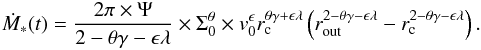 \begin{eqnarray} \label{eq:sfr_tot} \dot{M}_*(t) = \frac{ 2 \pi \times \Psi }{ 2 - \theta \gamma - \epsilon \lambda } \times \Sigma_0^\theta \times v_0^\epsilon r_\mathrm{c}^{\theta \gamma + \epsilon \lambda} \left( r_\mathrm{out}^{2 - \theta \gamma - \epsilon \lambda} - r_\mathrm{c}^{2 - \theta \gamma - \epsilon \lambda} \right). \end{eqnarray}
