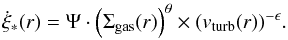 \begin{eqnarray} \dot{\xi}_*(r) = \Psi \cdot \left( \Sigma_\mathrm{gas}(r) \right)^\theta \times (v_\mathrm{turb}(r))^{- \epsilon}. \label{eq:sfr_rad} \end{eqnarray}