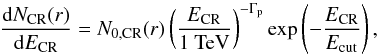 \appendix \setcounter{section}{1} \begin{equation} \frac{{\rm d}N_{\rm CR}(r)}{{\rm d}E_{\rm CR}}=N_{\rm 0,CR}(r)\left(\frac{E_{\rm CR}}{\mbox{1~TeV}}\right)^{-\Gamma_{\rm p}}\exp\left(-\frac{E_{\rm CR}}{E_{\rm cut}}\right),\label{eq:crspectrum} \end{equation}
