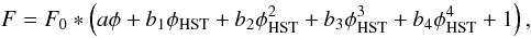 \begin{equation} F=F_0 * \left(a \phi + b_1 \phi_{\rm HST} + b_2 \phi_{\rm HST}^2 + b_3 \phi_{\rm HST}^3 + b_4 \phi_{\rm HST}^4 +1\right), \label{equation_model_detrend} \end{equation}
