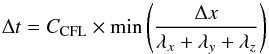 \appendix \setcounter{section}{1} \begin{equation} \label{eq:cfl} \Delta t=C_{\rm CFL}\times \min \left(\frac{\Delta x}{\lambda_x + \lambda_y + \lambda_z}\right) \end{equation}