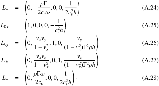 \appendix \setcounter{section}{1} \begin{eqnarray} \label{eq:left_eigen} L_-&=&\left(0,-\frac{\rho \Gamma}{2c_{\rm s}\omega}, 0, 0, \frac{1}{2 c_{\rm s}^2 h}\right)\\ L_{0x}&=&\left(1,0,0,0,-\frac{1}{c_{\rm s}^2h}\right)\\ L_{0y}&=&\left(0, \frac{v_xv_y}{1-v_x^2},1,0,\frac{v_y}{(1-v_x^2)\Gamma^2\rho h}\right)\\ L_{0z}&=&\left(0, \frac{v_xv_z}{1-v_x^2},0,1,\frac{v_z}{(1-v_x^2)\Gamma^2\rho h}\right)\\ L_+&=&\left(0,\frac{\rho \Gamma\omega}{2 c_{\rm s}}, 0, 0, \frac{1}{2 c_{\rm s}^2 h}\right)\cdot \end{eqnarray}