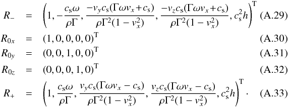 \appendix \setcounter{section}{1} \begin{eqnarray} \label{eq:right_eigen} R_-&=&\left(1,-\frac{c_{\rm s}\omega}{\rho \Gamma}, \frac{-v_y c_{\rm s}(\Gamma\omega v_x\!+\!c_{\rm s}) }{\rho \Gamma^2(1-v_x^2)},\frac{-v_z c_{\rm s}(\Gamma\omega v_x\!+\!c_{\rm s}) }{\rho\Gamma^2(1-v_x^2)}, c_{\rm s}^2h\right)^{\rm T}~~~~~~~~~~~\\ R_{0x}&=&(1,0,0,0,0)^{\rm T}\\ R_{0y}&=&(0,0,1,0,0)^{\rm T}\\ R_{0z}&=&(0,0,0,1,0)^{\rm T}\\ R_+&=&\left(1, \frac{c_{\rm s}\omega}{\rho \Gamma}, \frac{v_y c_{\rm s}(\Gamma\omega v_x-c_{\rm s}) }{\rho \Gamma^2(1-v_x^2)},\frac{v_z c_{\rm s}(\Gamma\omega v_x-c_{\rm s}) }{\rho\Gamma^2(1-v_x^2)}, c_{\rm s}^2h\right)^{\rm T}\cdot \end{eqnarray}